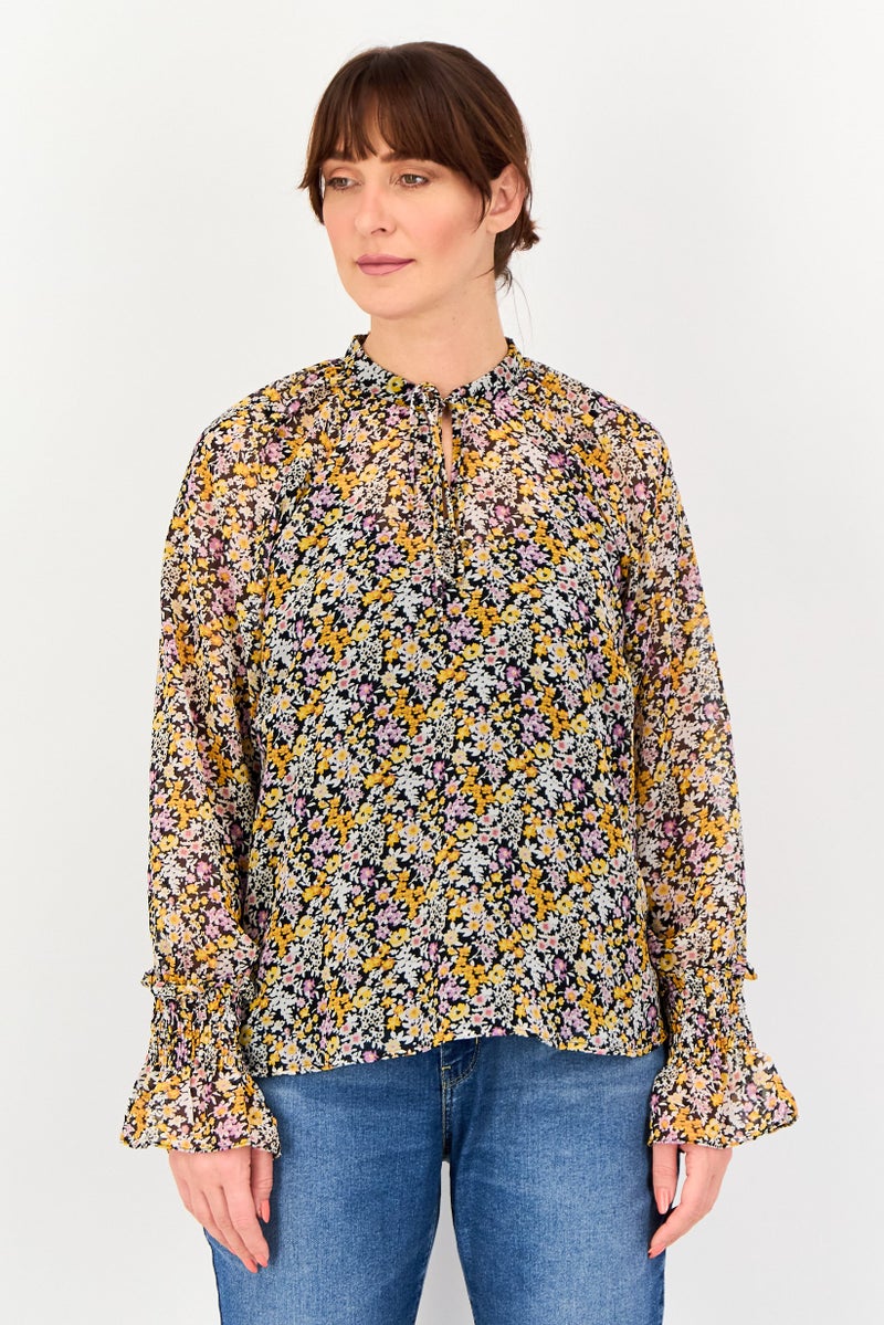 Fire & Glory بلوزة نسائية بأكمام طويلة وطباعة زهور مع رباط حول العنق، متعددة الألوان - Image 1